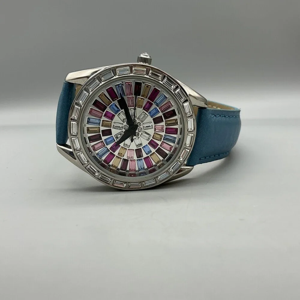 Adrienne Womens Watch 40mm Multicolor Gem Dial Silver Tone Leather New Battery